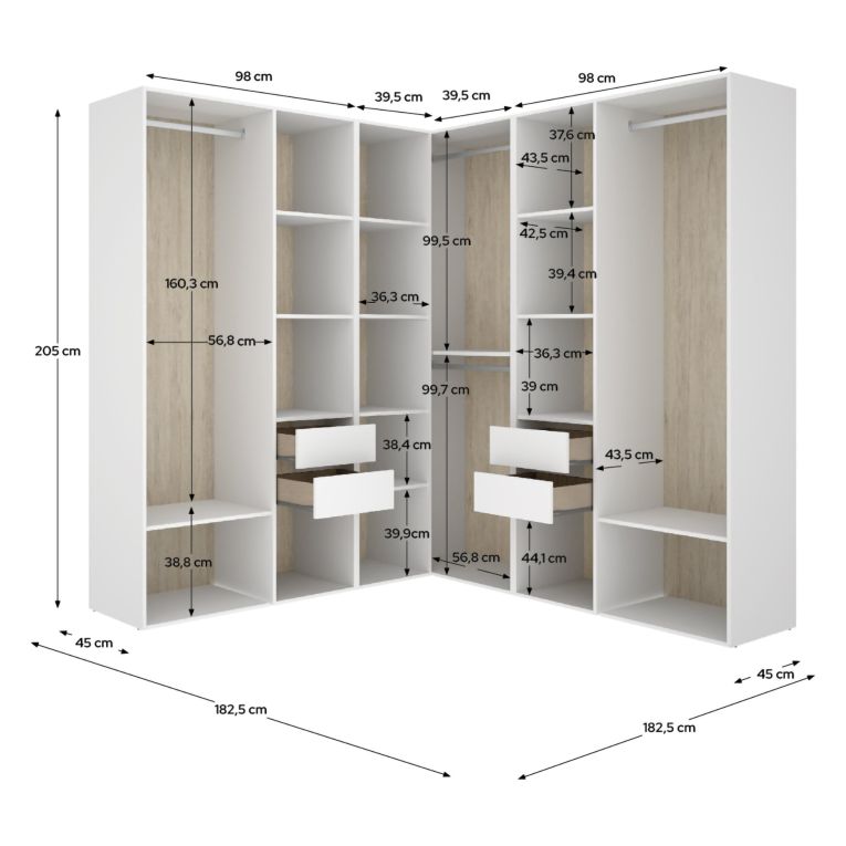 Guardaroba Grande Bianco Marrone Rovere Modulabile 13 Ripiani 186x205h cm, Appendiabiti - Yancy