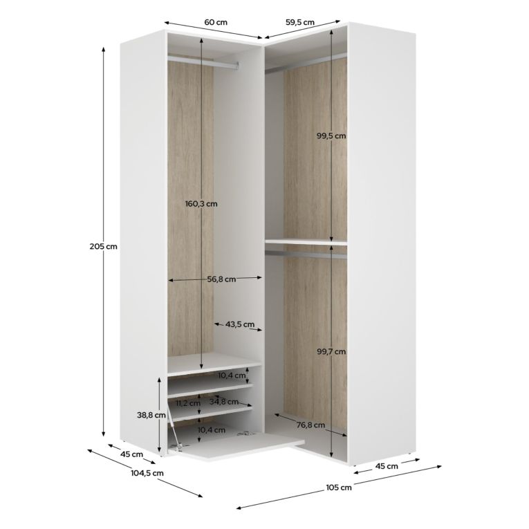 Guardaroba Grande Bianco Marrone Rovere Modulabile 4 Ripiani 105x205h cm, Appendiabiti - Evansdale