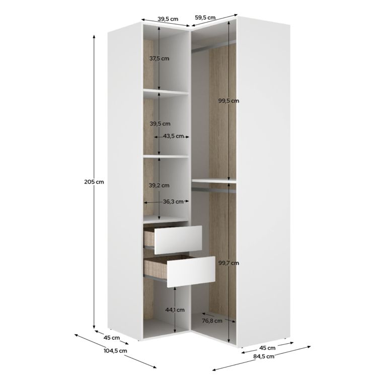 Guardaroba Grande Bianco Marrone Rovere Modulabile 4 Ripiani 105x205h cm, Appendiabiti - Labuco