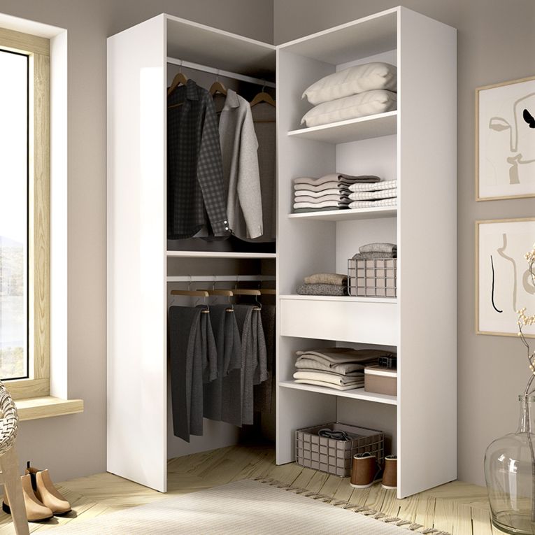 Guardaroba Grande Bianco Marrone Rovere Modulabile 5 Ripiani 88x185h cm, Appendiabiti - Bandon