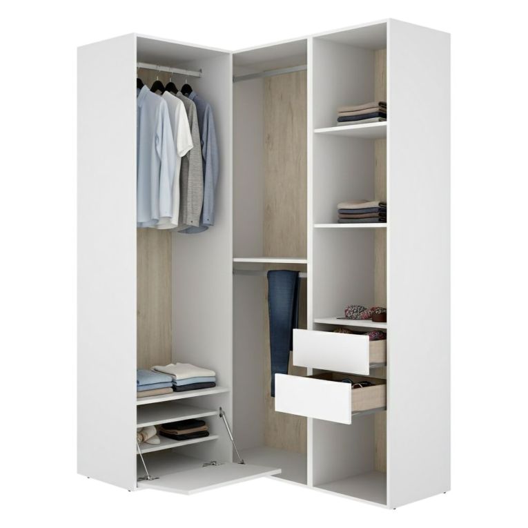 Guardaroba Grande Bianco Marrone Rovere Modulabile 7 Ripiani 124x205h cm, Appendiabiti - Clayhill