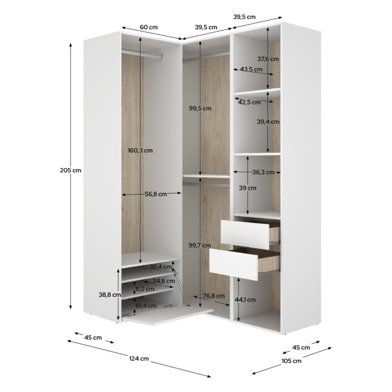 Guardaroba Grande Bianco Marrone Rovere Modulabile 7 Ripiani 124x205h cm, Appendiabiti - Clayhill