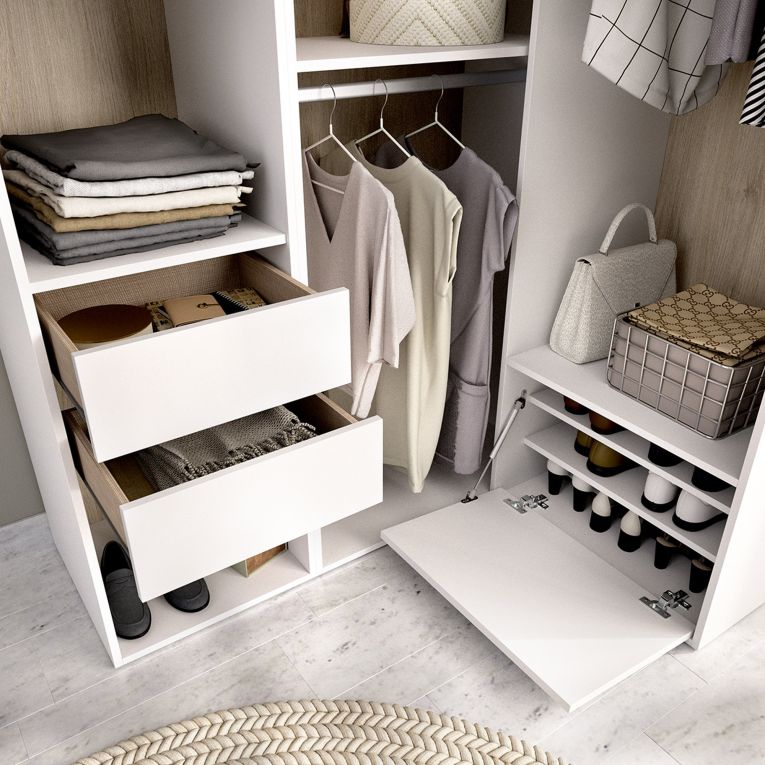 Guardaroba Grande Bianco Marrone Rovere Modulabile 7 Ripiani 124x205h cm, Appendiabiti - Clayhill