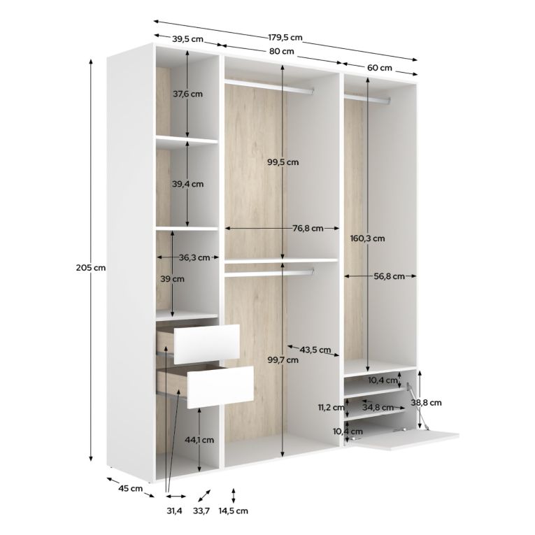 Guardaroba Grande Bianco Marrone Rovere Modulabile 7 Ripiani 45x205h cm, Appendiabiti - Keener