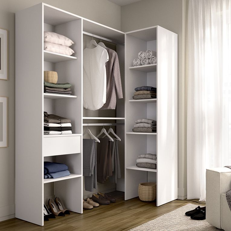 Guardaroba Grande Bianco Marrone Rovere Modulabile 8 Ripiani 79x185h cm, Appendiabiti - Calist