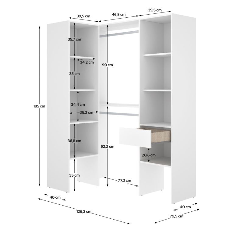 Guardaroba Grande Bianco Marrone Rovere Modulabile 8 Ripiani 79x185h cm, Appendiabiti - Calist