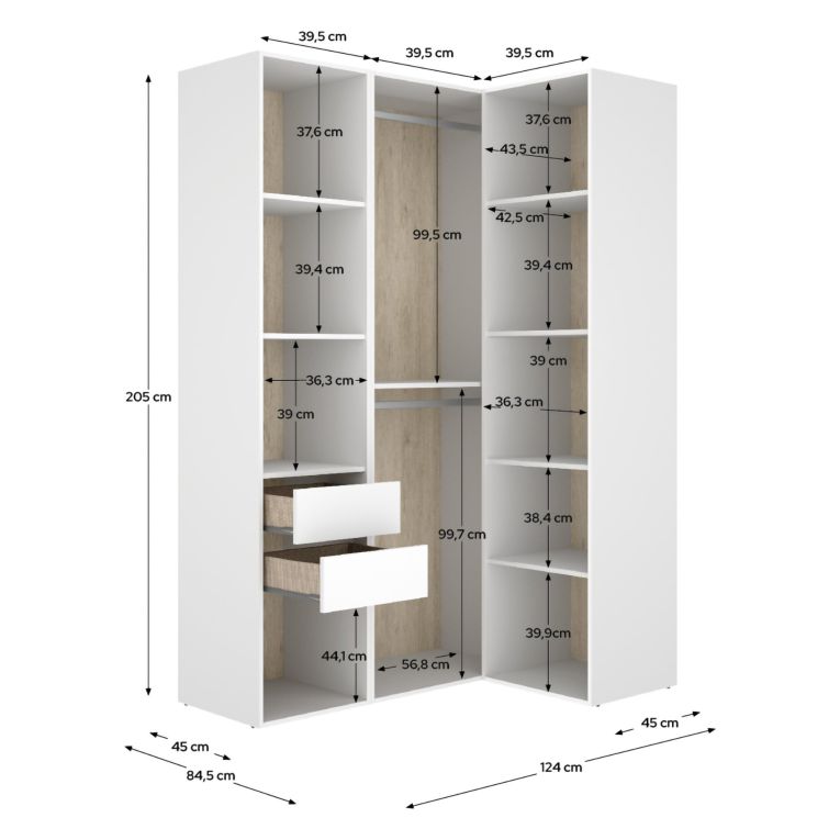 Guardaroba Grande Bianco Marrone Rovere Modulabile 8 Ripiani 85x205h cm, Appendiabiti - Poyner
