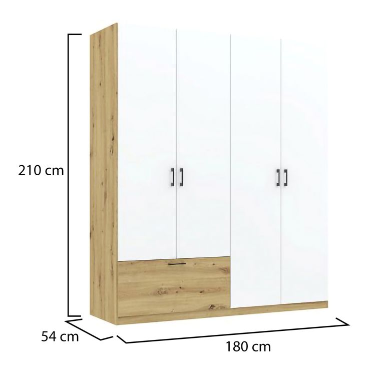 Guardaroba Grande Bianco Marrone Rovere Nodi 2 Ripiani Appendiabiti 180x210h cm, un Cassetto - Libanori