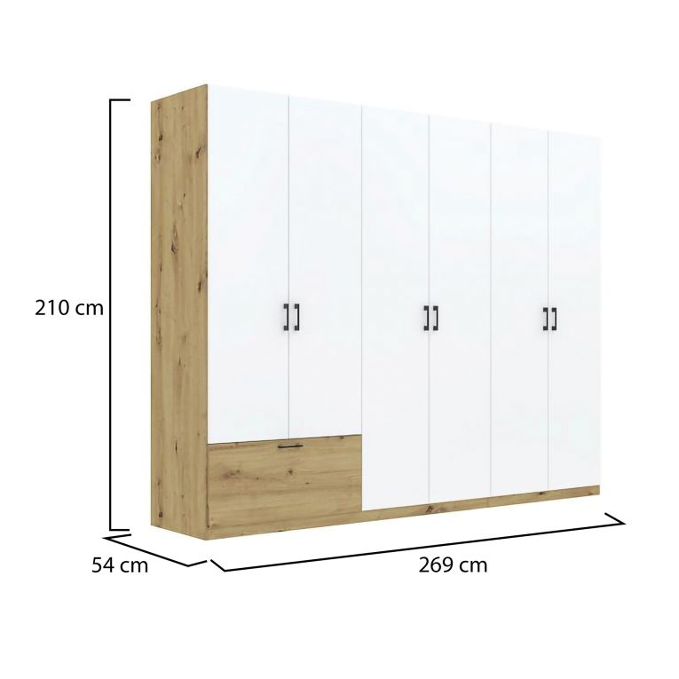 Guardaroba Grande Bianco Marrone Rovere Nodi 3 Ripiani Appendiabiti 269x210h cm, un Cassetto - Lezasana