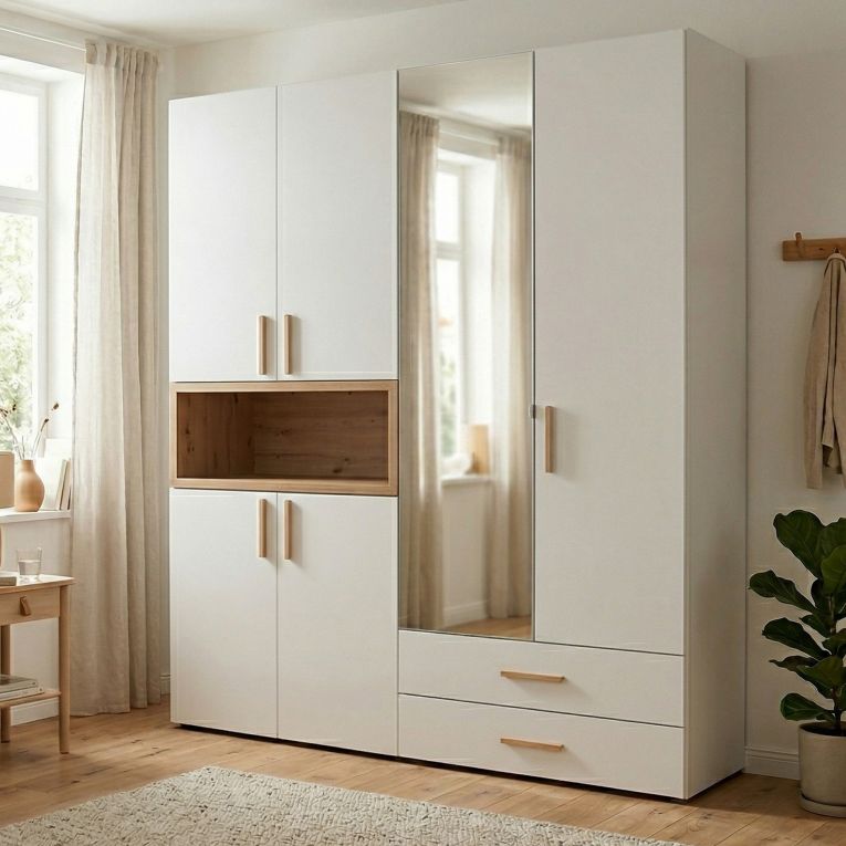 Guardaroba Grande Bianco Marrone Rovere Nodi 4 Ripiani 2 Cassetti 179x226.5h cm, Appendiabiti - Merlino