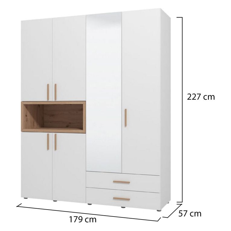 Guardaroba Grande Bianco Marrone Rovere Nodi 4 Ripiani 2 Cassetti 179x226.5h cm, Appendiabiti - Merlino
