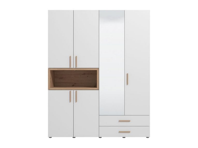 Guardaroba Grande Bianco Marrone Rovere Nodi 4 Ripiani 2 Cassetti 179x226.5h cm, Appendiabiti - Merlino
