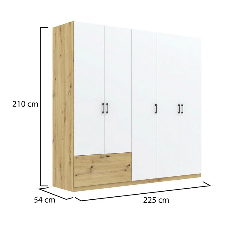 Guardaroba Grande Bianco Marrone Rovere Nodi 5 Ripiani Appendiabiti 225x210h cm, un Cassetto - Lezame