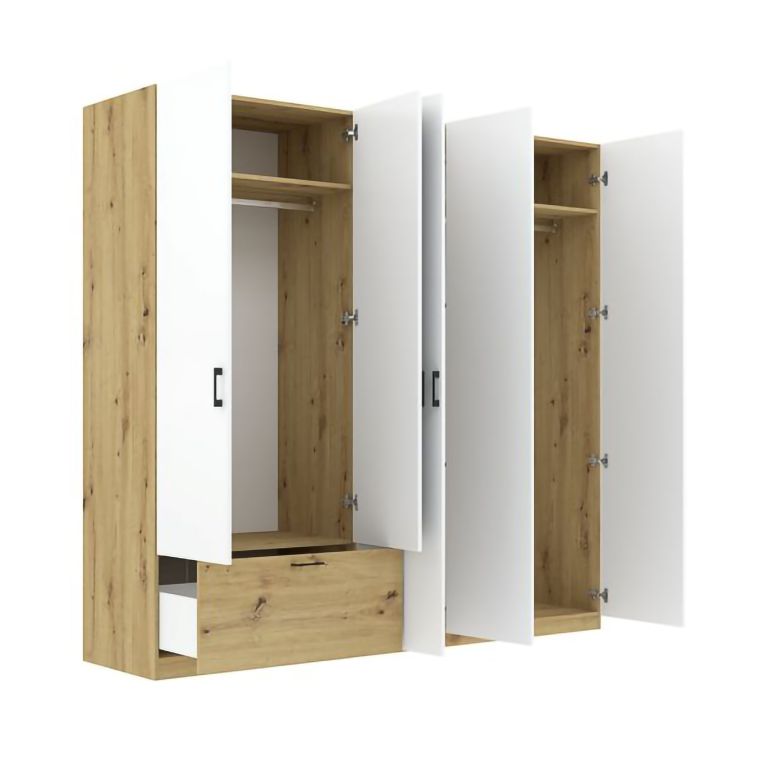 Guardaroba Grande Bianco Marrone Rovere Nodi 5 Ripiani Appendiabiti 225x210h cm, un Cassetto - Lezame