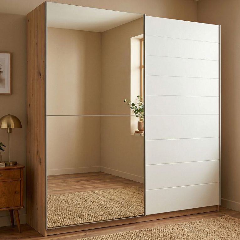 Guardaroba Grande Bianco Marrone Rovere Nodi Appendiabiti 8 Ripiani 217x210h cm, Apertura Scorrevole - Valsinni