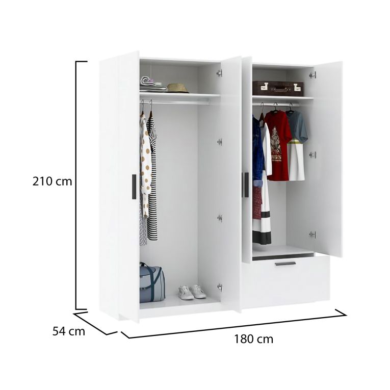 Guardaroba Grande Bianco Nero 2 Ripiani Appendiabiti 180x210h cm, un Cassetto - Lidala