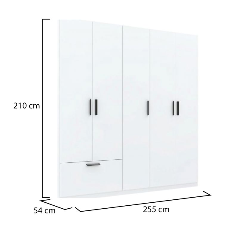 Guardaroba Grande Bianco Nero 3 Ripiani Appendiabiti 225x210h cm, un Cassetto - Liba