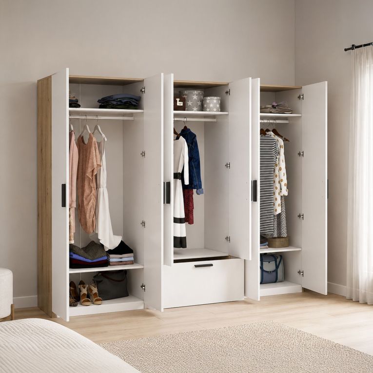 Guardaroba Grande Bianco Nero 3 Ripiani Appendiabiti 269x210h cm, un Cassetto - Letotava