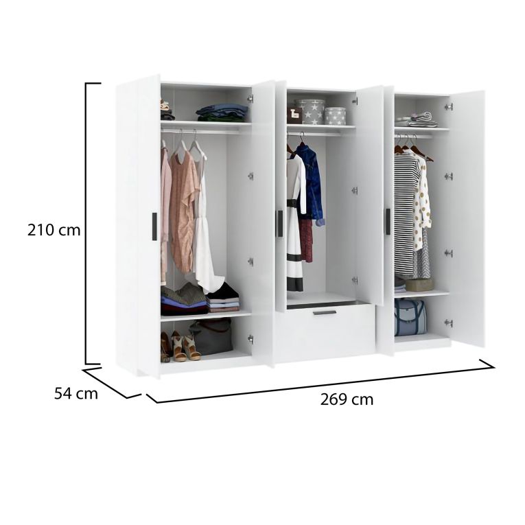 Guardaroba Grande Bianco Nero 3 Ripiani Appendiabiti 269x210h cm, un Cassetto - Letotava
