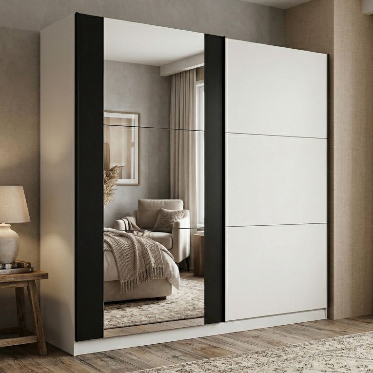Guardaroba Grande Bianco Nero Appendiabiti 8 Ripiani 217x210h cm, 2 Ante - Prela