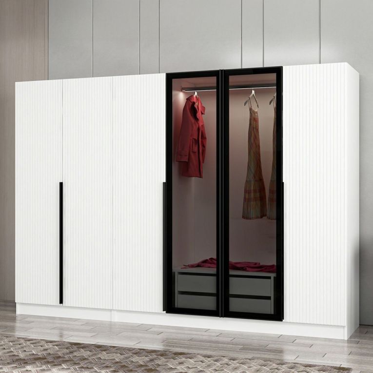 Guardaroba Grande Bianco Nero Fume Appendiabiti 10 Ripiani 270x210h cm, Apertura Battente - Roviano