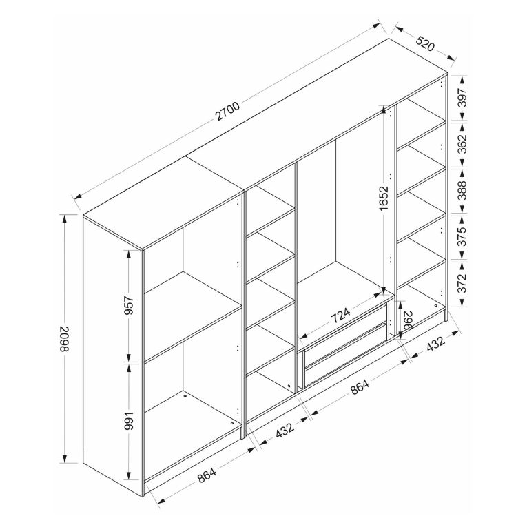 Guardaroba Grande Bianco Nero Fume Appendiabiti 10 Ripiani 270x210h cm, Apertura Battente - Roviano