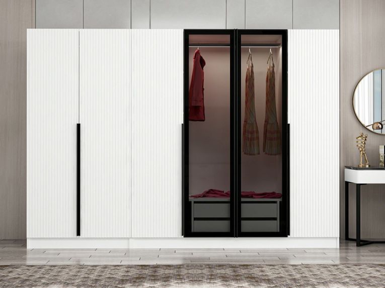 Guardaroba Grande Bianco Nero Fume Appendiabiti 10 Ripiani 270x210h cm, Apertura Battente - Roviano
