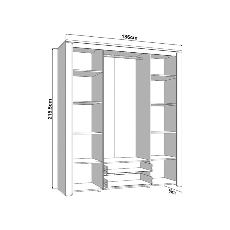 Guardaroba Grande Bianco Opaco Marrone Rovere 2 Cassetti 8 Ripiani 186x216h cm, Appendiabiti - Mahone
