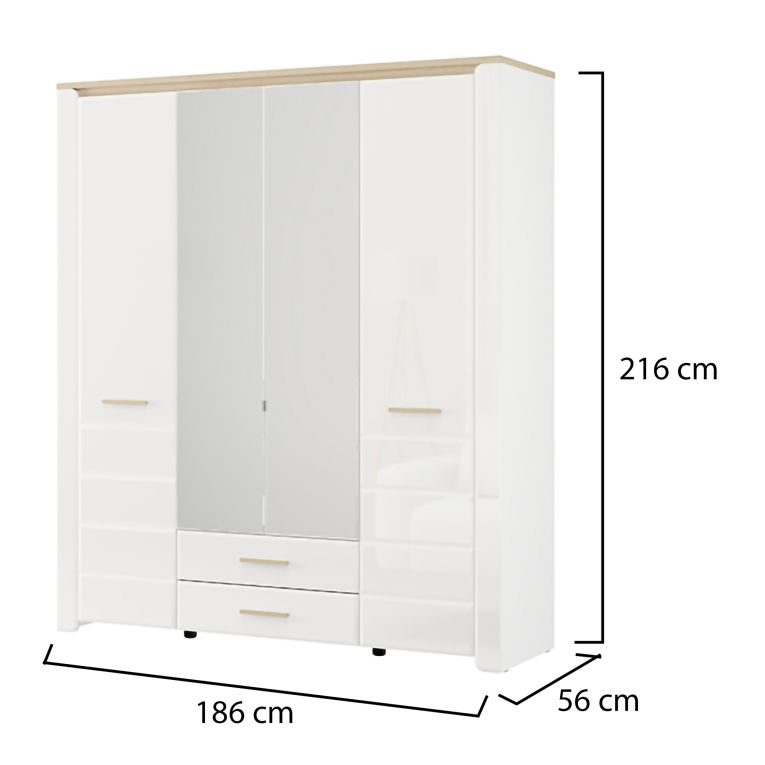 Guardaroba Grande Bianco Opaco Marrone Rovere 2 Cassetti 8 Ripiani 186x216h cm, Appendiabiti - Mahone