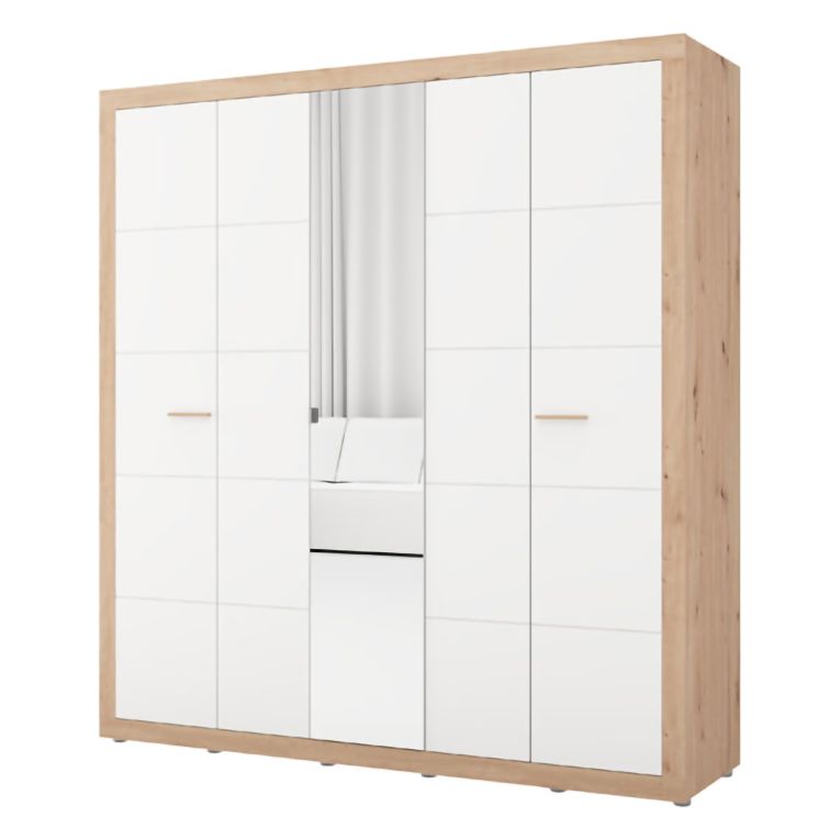 Guardaroba Grande Bianco Opaco Marrone Rovere Appendiabiti 5 Ripiani 194x208h cm, 8 Vani - Giseny