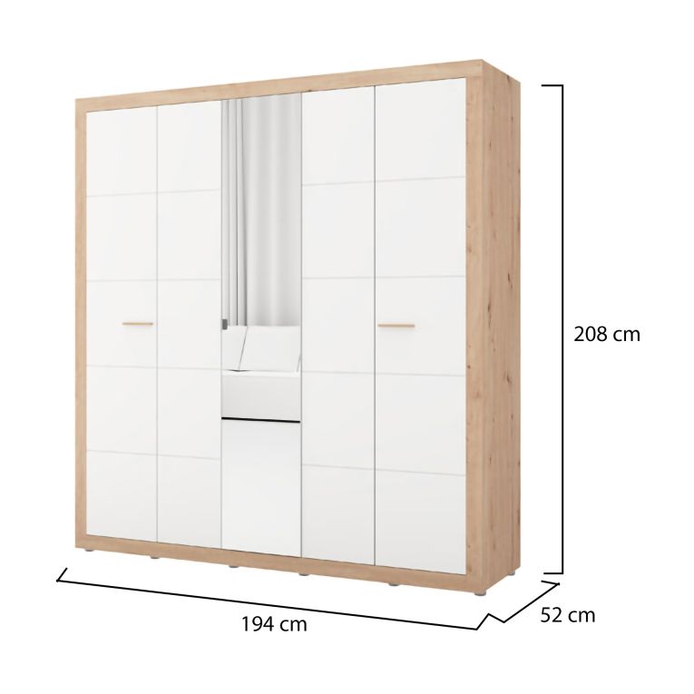 Guardaroba Grande Bianco Opaco Marrone Rovere Appendiabiti 5 Ripiani 194x208h cm, 8 Vani - Giseny