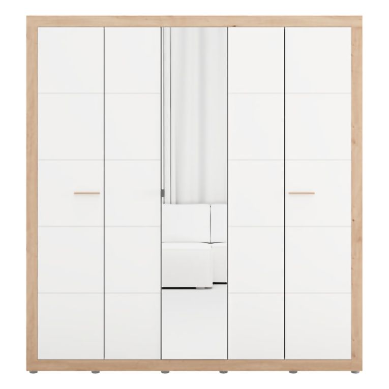 Guardaroba Grande Bianco Opaco Marrone Rovere Appendiabiti 5 Ripiani 194x208h cm, 8 Vani - Giseny