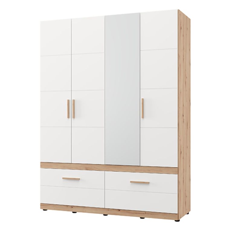 Guardaroba Grande Bianco Opaco Marrone Rovere Nodi 2 Cassetti 2 Ripiani 155x208h cm, Appendiabiti - Sayul