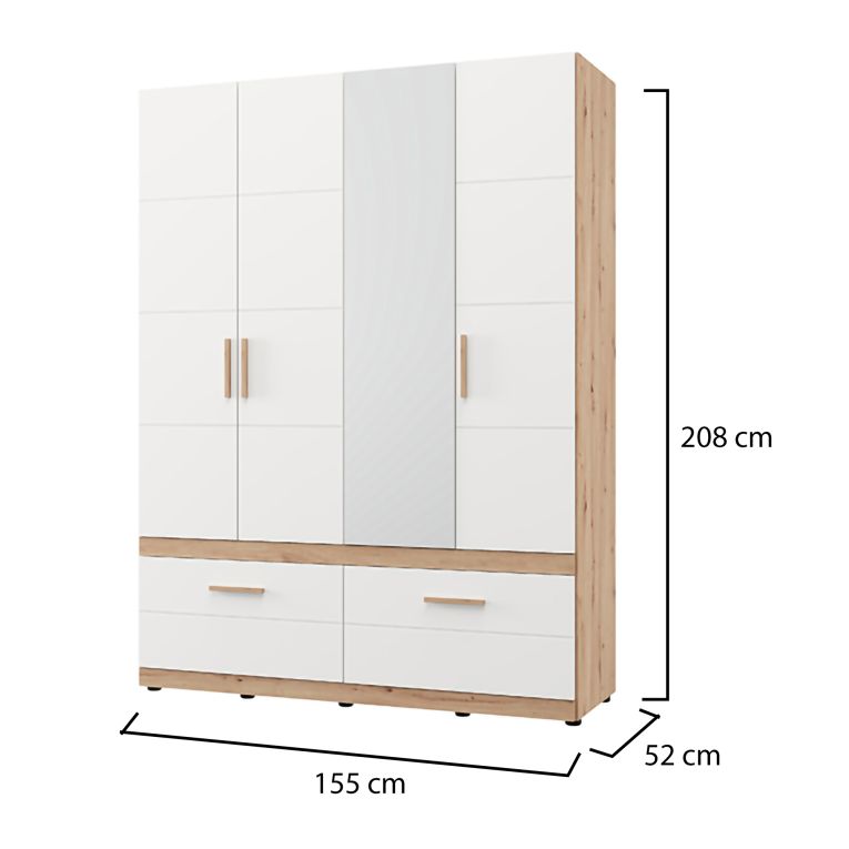 Guardaroba Grande Bianco Opaco Marrone Rovere Nodi 2 Cassetti 2 Ripiani 155x208h cm, Appendiabiti - Sayul