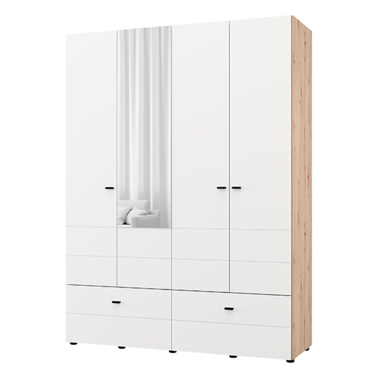 Guardaroba Grande Bianco Opaco Marrone Rovere Nodi 2 Ripiani 2 Cassetti 155x208h cm, Appendiabiti - Spigno