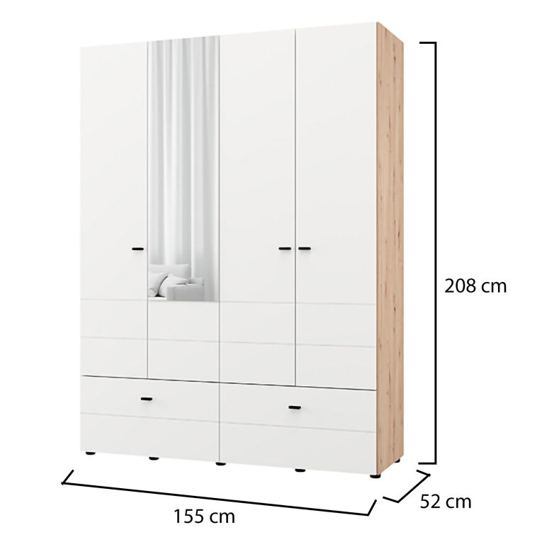 Guardaroba Grande Bianco Opaco Marrone Rovere Nodi 2 Ripiani 2 Cassetti 155x208h cm, Appendiabiti - Spigno