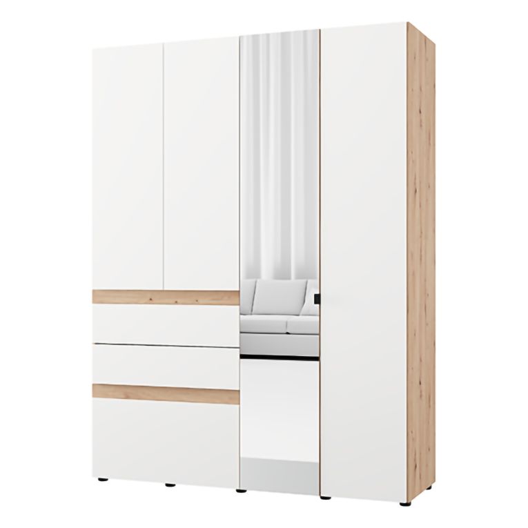 Guardaroba Grande Bianco Opaco Marrone Rovere Nodi 3 Cassetti 3 Ripiani 155x208h cm, Appendiabiti - Ushuaia