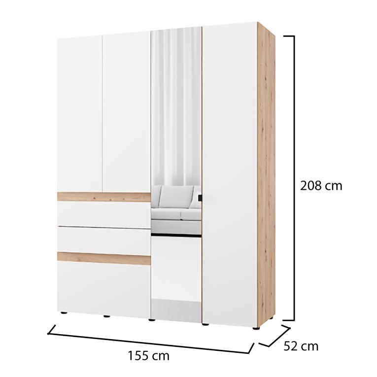 Guardaroba Grande Bianco Opaco Marrone Rovere Nodi 3 Cassetti 3 Ripiani 155x208h cm, Appendiabiti - Ushuaia