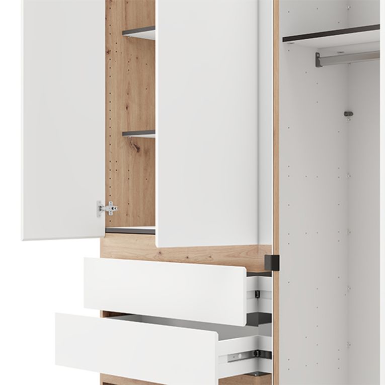Guardaroba Grande Bianco Opaco Marrone Rovere Nodi 3 Cassetti 3 Ripiani 155x208h cm, Appendiabiti - Ushuaia