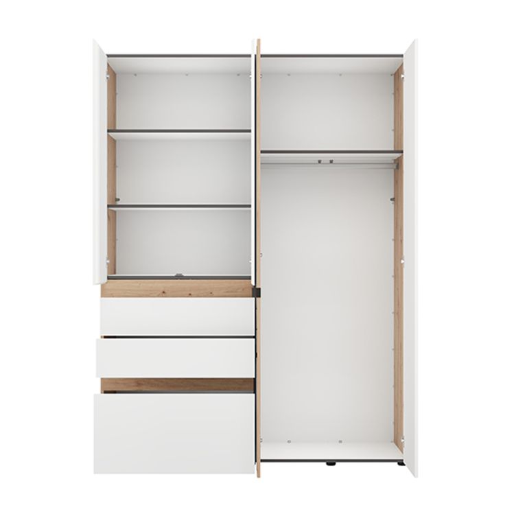 Guardaroba Grande Bianco Opaco Marrone Rovere Nodi 3 Cassetti 3 Ripiani 155x208h cm, Appendiabiti - Ushuaia