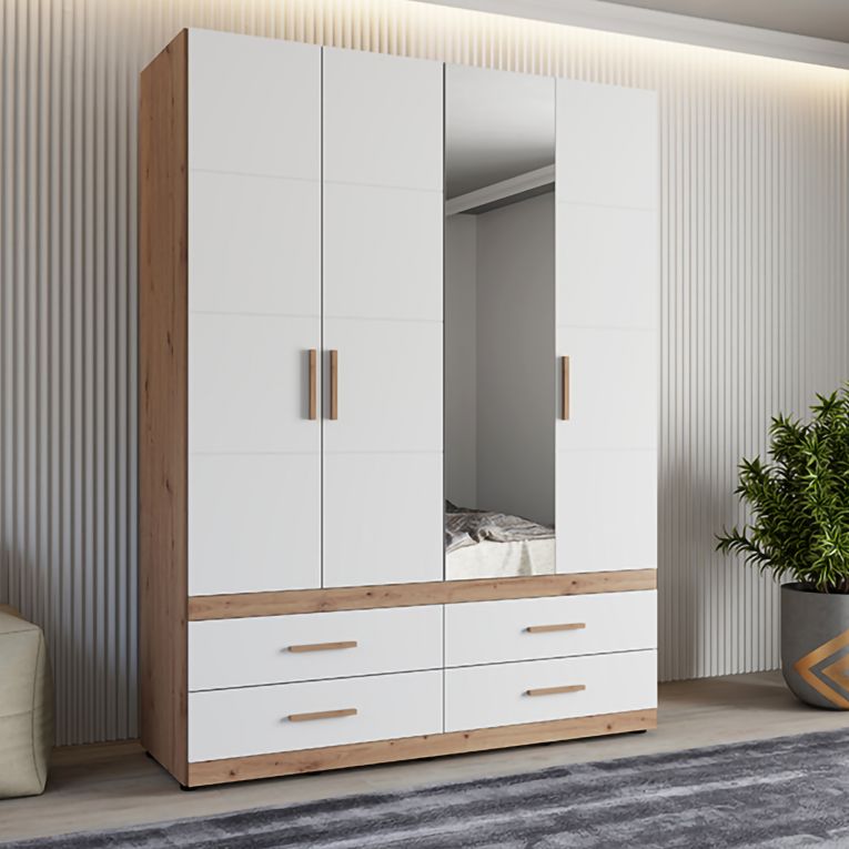 Guardaroba Grande Bianco Opaco Marrone Rovere Nodi 4 Cassetti 2 Ripiani 155x208h cm, Appendiabiti - Taxco