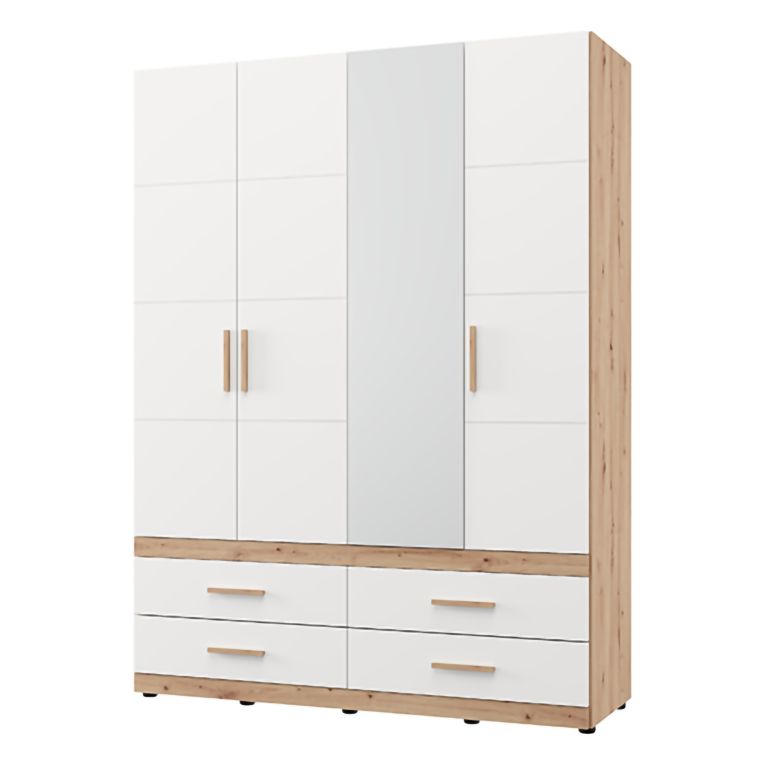 Guardaroba Grande Bianco Opaco Marrone Rovere Nodi 4 Cassetti 2 Ripiani 155x208h cm, Appendiabiti - Taxco