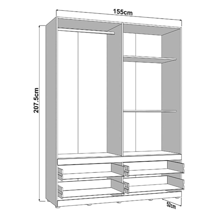 Guardaroba Grande Bianco Opaco Marrone Rovere Nodi 4 Cassetti 2 Ripiani 155x208h cm, Appendiabiti - Taxco