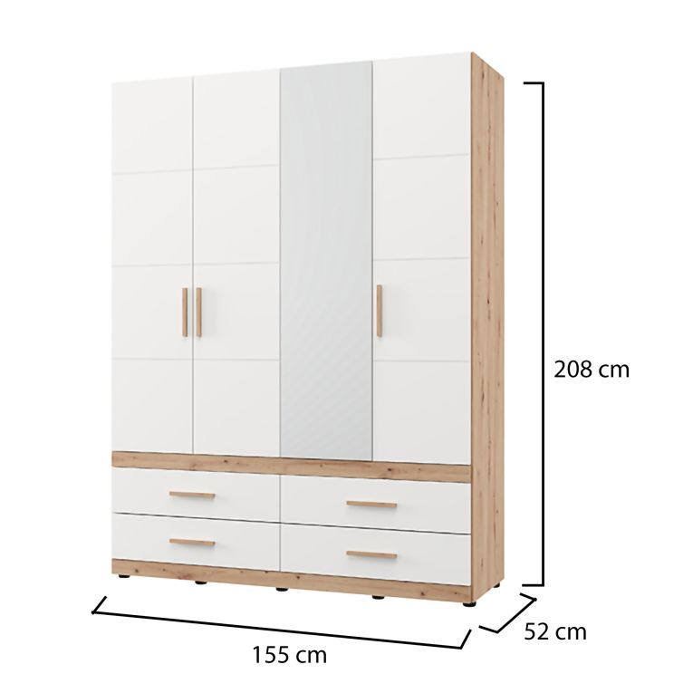 Guardaroba Grande Bianco Opaco Marrone Rovere Nodi 4 Cassetti 2 Ripiani 155x208h cm, Appendiabiti - Taxco