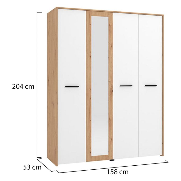 Guardaroba Grande Bianco Opaco Marrone Rovere Nodi Appendiabiti 5 Ripiani 157.5x203.5h cm, 4 Ante - Monvalle