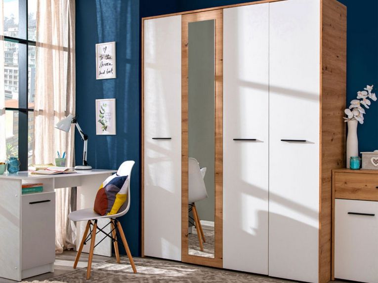 Guardaroba Grande Bianco Opaco Marrone Rovere Nodi Appendiabiti 5 Ripiani 157.5x203.5h cm, 4 Ante - Monvalle