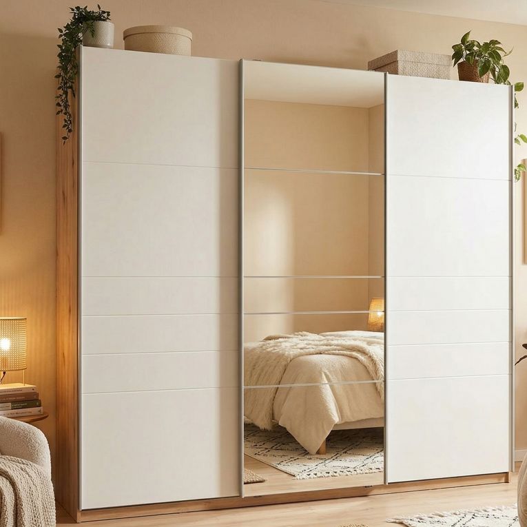 Guardaroba Grande Bianco Opaco Marrone Rovere Nodi Appendiabiti 6 Ripiani 262.5x224h cm, 3 Ante - Carasco