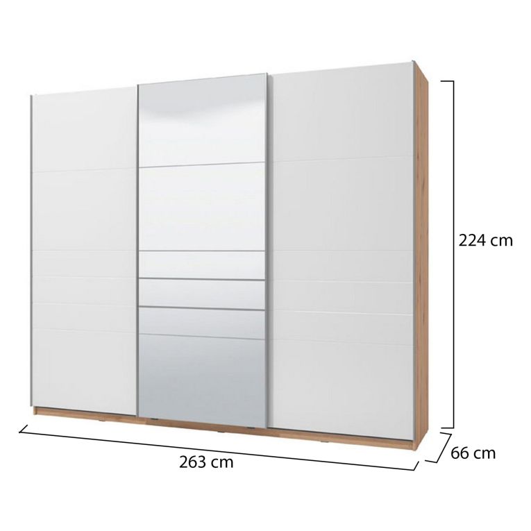 Guardaroba Grande Bianco Opaco Marrone Rovere Nodi Appendiabiti 6 Ripiani 262.5x224h cm, 3 Ante - Carasco