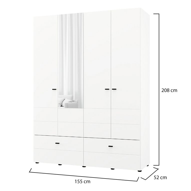 Guardaroba Grande Bianco Opaco Nero 2 Ripiani 2 Cassetti 155x208h cm, Appendiabiti - Spigno