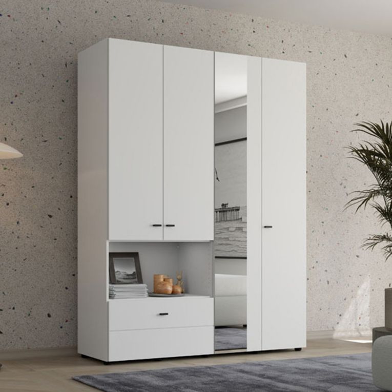 Guardaroba Grande Bianco Opaco Nero 4 Ripiani un Cassetto 155x208h cm, Appendiabiti - Omete